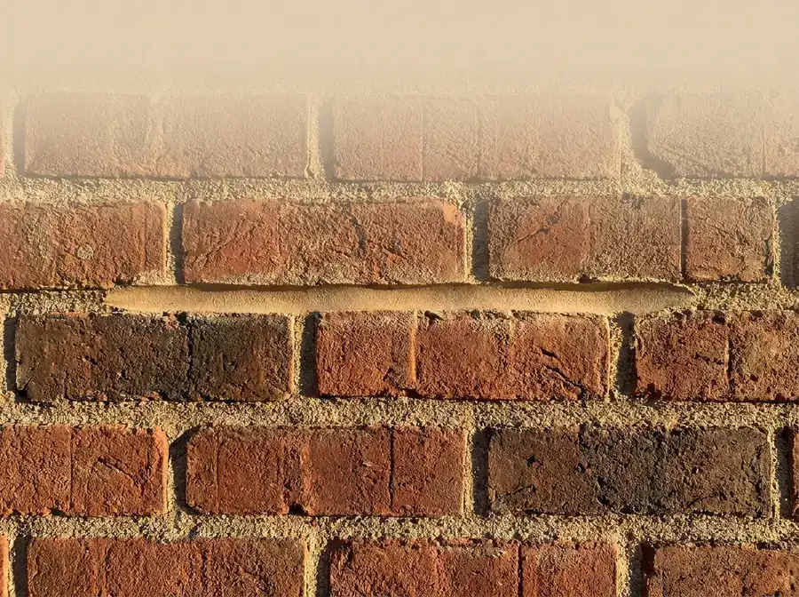 Macro-style illustration of a coursed brick wall with one horizontal mortar joint freshly struck across it, a stylized material study, not a photograph of an actual building or job site