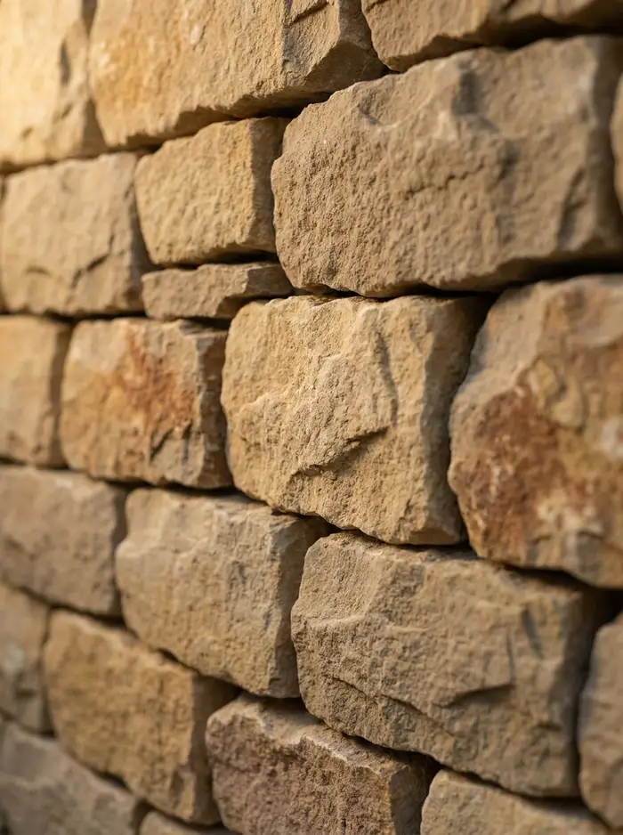 Macro-style illustration of a dry-stacked natural stone veneer wall with irregular coursing, a stylized material study, not a photograph of an actual installation